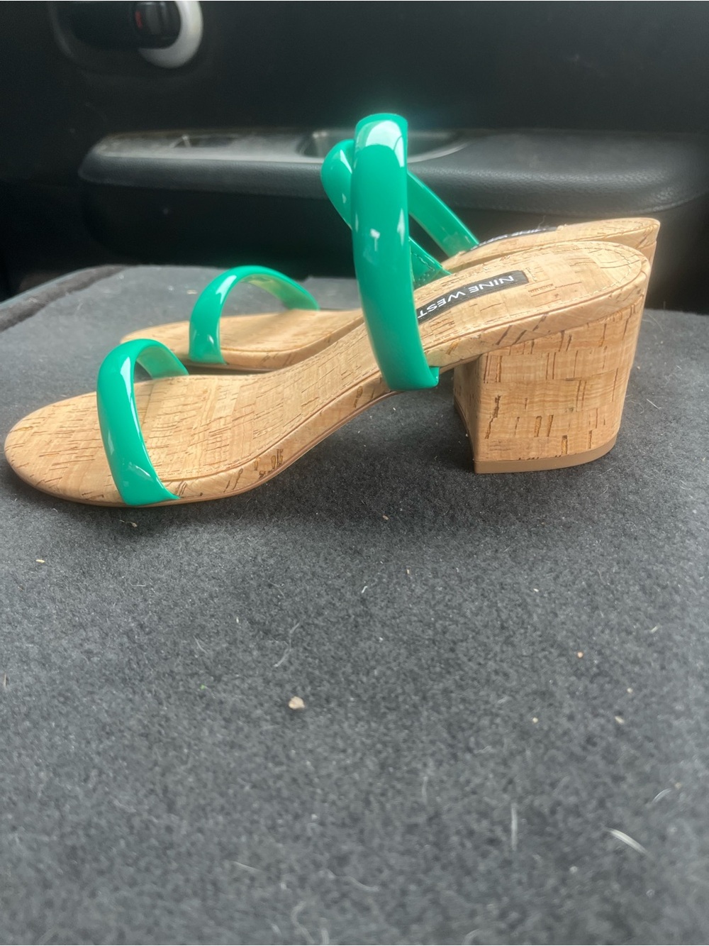 Nine West Dark Green 300 Patent Cork Block Heel Sandals - Picture 2 of 8